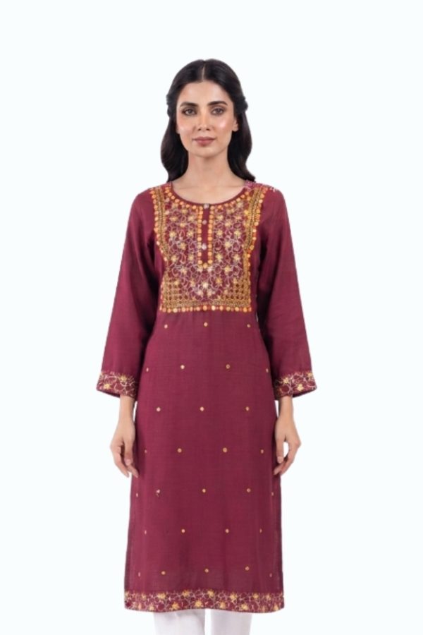 Purple cotton kurti top with intricate golden embroidery on the neckline, sleeves, and hem.