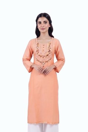 Peach and White Cotton Kurti Top by Newish Fashion Destiny