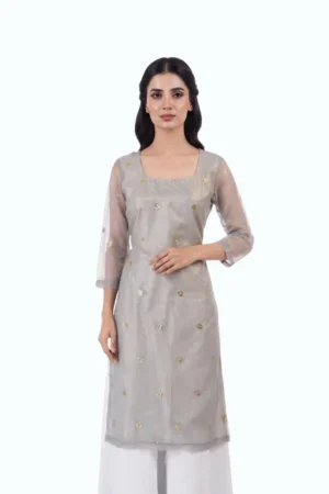 Grey Raw Silk Kurti Top by Newish Fashion Destiny