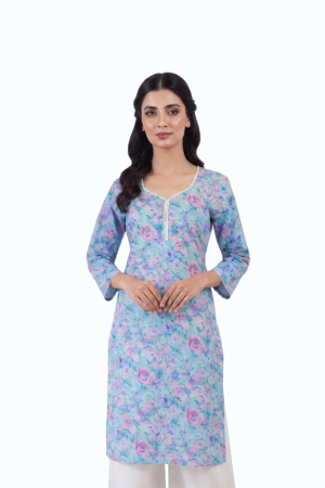 Light Blue Floral Cotton Kurti Top by Newish Fashion Destiny