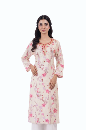 White with Pink and Purple Floral Print Cotton Kurti Top by Newish Fashion Destiny
