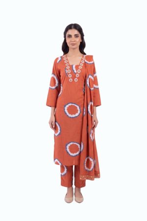 Rust orange Shibori print cotton Kurti top featuring a V-neck with white floral