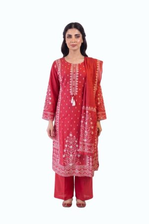 Rust printed cotton Kurti top with matching pants and dupatta.