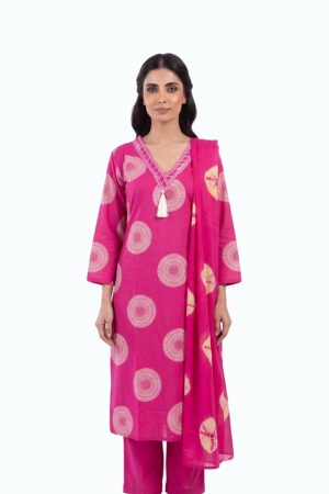 Pink V-neck printed cotton Kurti top with tassel detailing and matching dupatta by Newish Fashion Destiny.