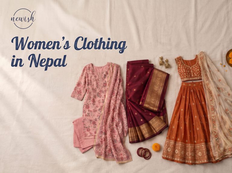 Kurti set, saree and lehenga laid out together, showing women's clothing options in Nepal