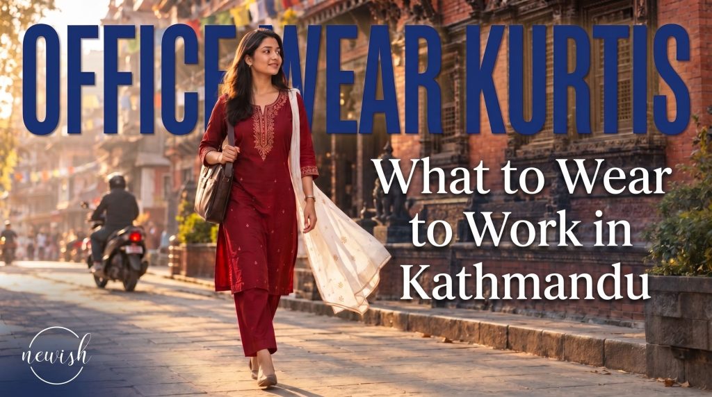 Woman in a maroon office wear kurti walking to work in Kathmandu