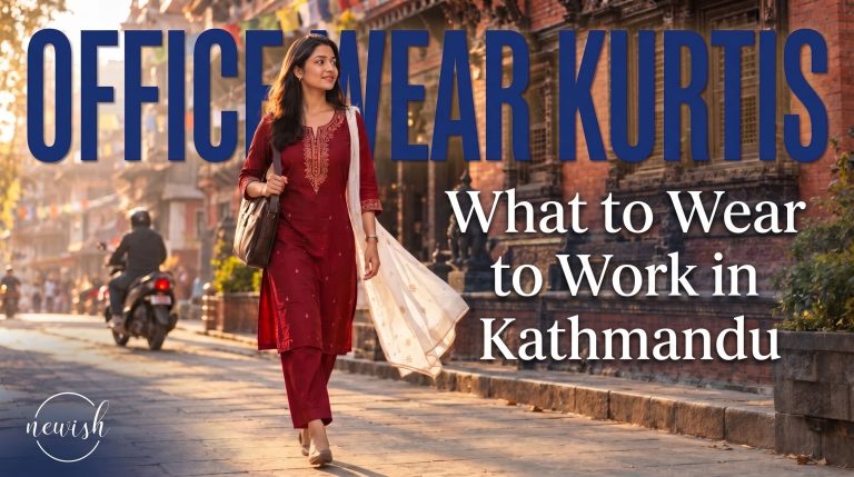 Woman in a maroon office wear kurti walking to work in Kathmandu